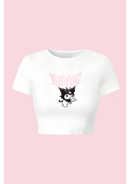 Harajuku Fashion Anime Kuromi Sanrio Beyaz Crop T-Shirt