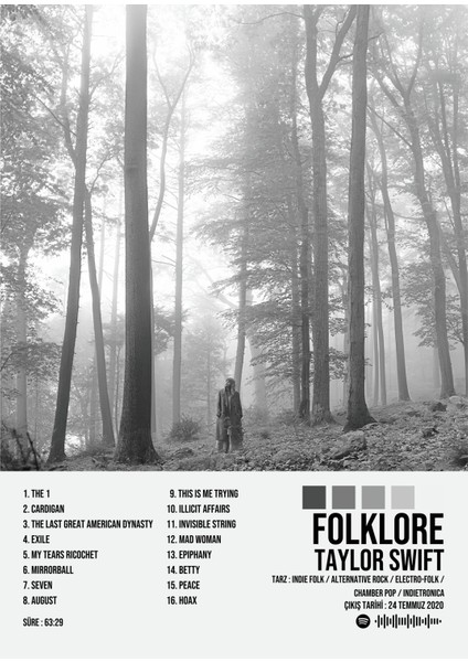 Taylor Swift - Folklore Albüm / Tasarımlı Poster Tablo