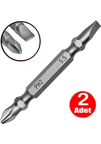 Cr-V Çeliği Yıldız Düz Çift Taraflı Bits Uç Ph2-Sl5.5 Tornavida Uçlu Matkap Vidalama Ucu -2 Adet