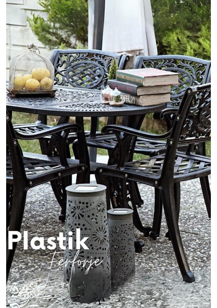 Ferforje Görünümlü Plastik Oval Siyah Masa ve Sandalye, Bahçe, Balkon ve Dış Mekanda Kullanılabilir, 2 Yıl Garantili, 150KG Taşıma Kapasiteli, Plastik Oval Masa ve Sandalye Takımı