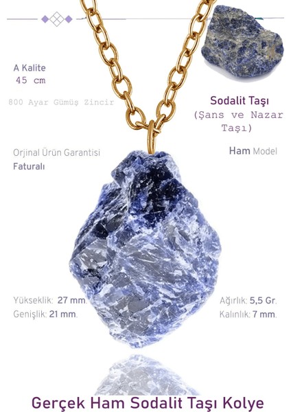Sertifikalı Ham Işlenmemiş Sodalit Taşı Kolye - 24K Altın Kaplama