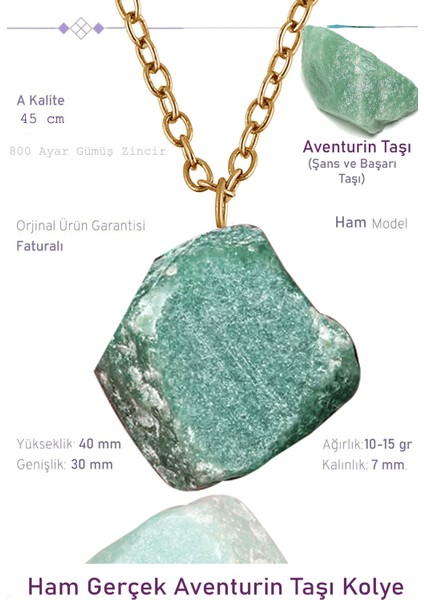 Sertifikalı Ham Işlenmemiş Aventurin Taşı Kolye - 24K Altın Kaplama