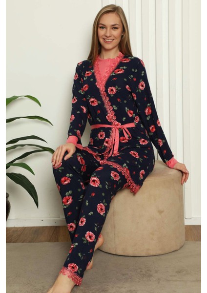 3lü Kutulu Gül Kurusu Uzun Kol Sabahlıklı Kısa Kol O Yaka Patlı Viscon Kadın Pijama Takım EDY2626 fiyatları