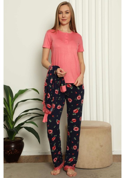 3lü Kutulu Gül Kurusu Uzun Kol Sabahlıklı Kısa Kol O Yaka Patlı Viscon Kadın Pijama Takım EDY2626 modelleri