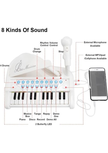 Oyuncak 24 Tuşlu Mp3 Çalar Özellikli Mikrofonlu Mini Piyano-Beyaz modelleri
