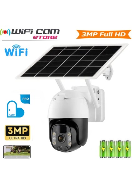 3 mp 1080P Solar Güneş Enerjili Ptz Wifi Kamera Carecam Pro App (Sim Kartlı Değildir)