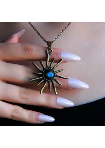 Doğal Taş Labradorit Doğal Taşlı Güneş Desen Kadın Doğal Taş Otantik Kolye EUK7LB