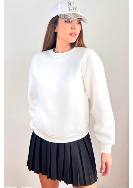 Kadın Cozy Içi Polarlı Ekru Basic Bisiklet Yaka Pamuklu Kalın Örme Sweatshirt