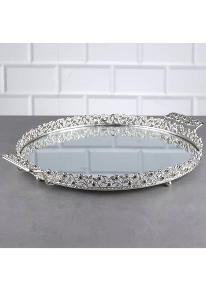 Pırlanta Taşlı Yuvarlak Büyük Tepsi Aynalı Metal Kulplu Sunumluk Kahve Servis Tepsisi Gümüş 35 cm