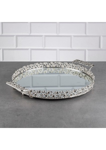 Pırlanta Taşlı Yuvarlak Orta Tepsi Aynalı Metal Kulplu Sunumluk Çikolata Tepsisi Gümüş 30 cm