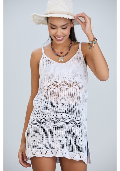 Kadın Askılı Ajurlu Nakış Yırtmaç Detaylı Yazlık Triko Örme Natural Elbise