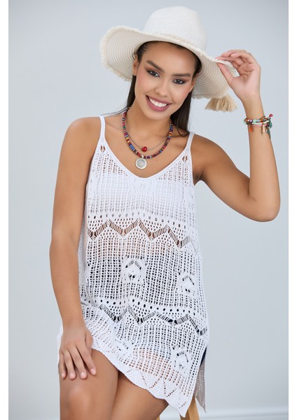 Kadın Askılı Ajurlu Nakış Yırtmaç Detaylı Yazlık Triko Örme Natural Elbise fiyatları