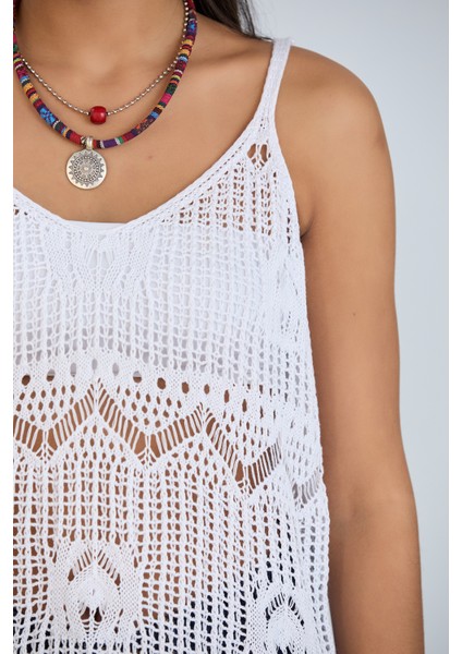 Kadın Askılı Ajurlu Nakış Yırtmaç Detaylı Yazlık Triko Örme Natural Elbise modelleri