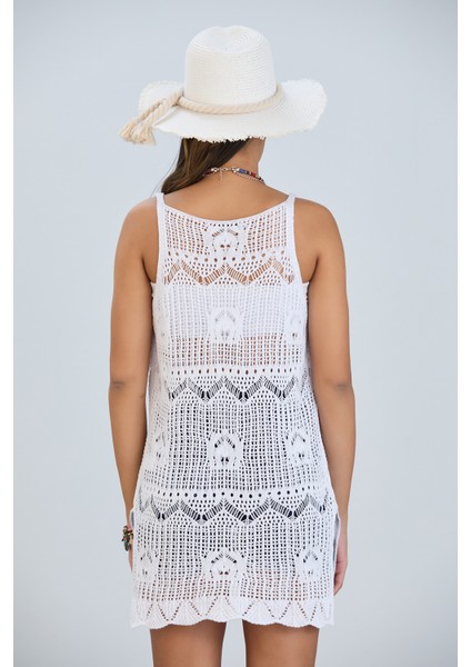 Kadın Askılı Ajurlu Nakış Yırtmaç Detaylı Yazlık Triko Örme Natural Elbise indirimleri