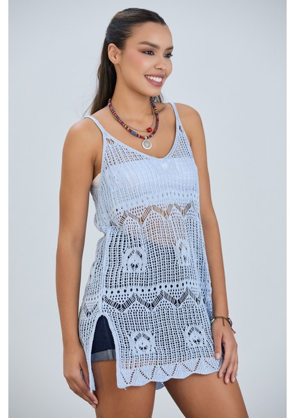 Kadın Askılı Ajurlu Nakış Yırtmaç Detaylı Yazlık Triko Örme Natural Elbise fiyatları