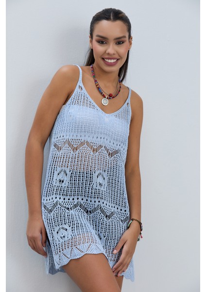 Kadın Askılı Ajurlu Nakış Yırtmaç Detaylı Yazlık Triko Örme Natural Elbise modelleri