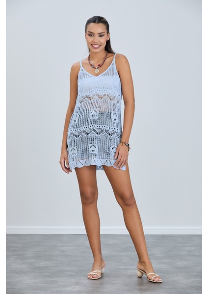 Kadın Askılı Ajurlu Nakış Yırtmaç Detaylı Yazlık Triko Örme Natural Elbise fırsatları