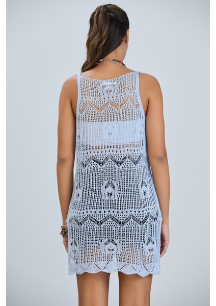 Kadın Askılı Ajurlu Nakış Yırtmaç Detaylı Yazlık Triko Örme Natural Elbise indirimleri