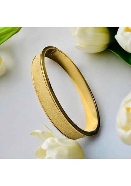 Parlanda Accessories Simli Düz Çelik Kelepçe Bileklik Gold Renk