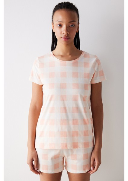 Peach Gingham Şortlu Pijama Takımı