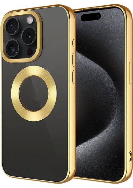 Apple iPhone 15 Pro Max Kılıf Tek Kamera Çerçeveli Renkli Kenarlı Logo Yeri Açık Şeffaf Silikon Gold