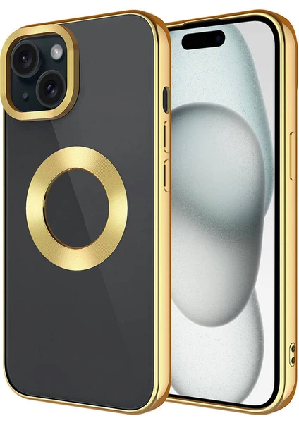 Apple iPhone 15 Plus Kılıf Tek Kamera Çerçeveli Renkli Kenarlı Logo Yeri Açık Şeffaf Silikon Gold