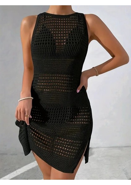 Kadın Kolsuz Derin Sırt Dekolteli Ajurlu Triko Pareo