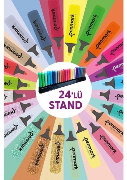 24 Renk Fosforlu Kalem Seti Standlı Kutulu