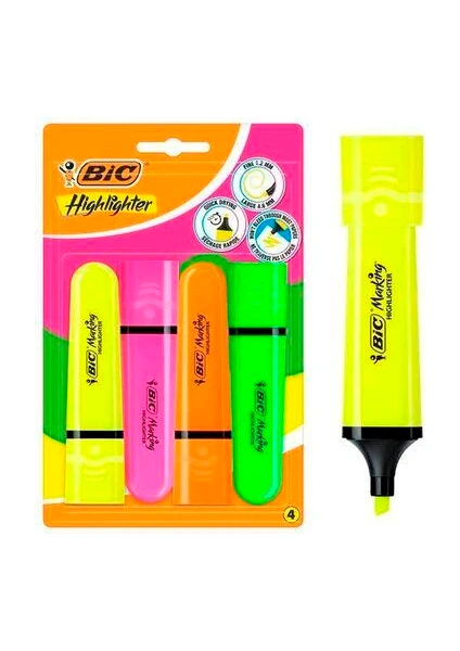 Marking Flat Highlighter 4Lü Blister Canlı Renkler