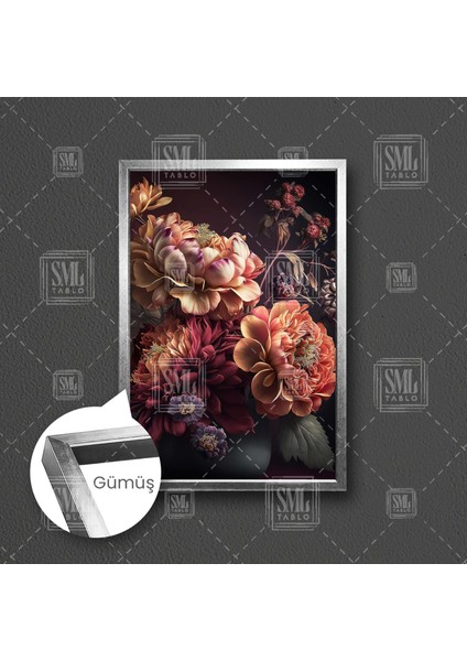 Turuncu Çiçek Demeti Ortanca Gül Dekoratif Çerçeveli Dikey Kanvas Tablo fırsatları