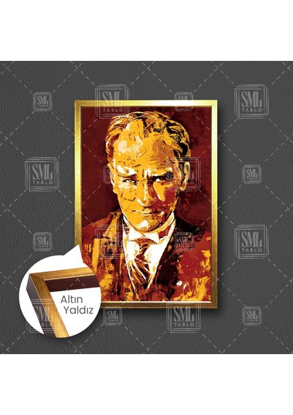 Mustafa Kemal Atatürk Sarı Kırmızı Galatasaran Çerçeveli Dikey Kanvas Tablo
