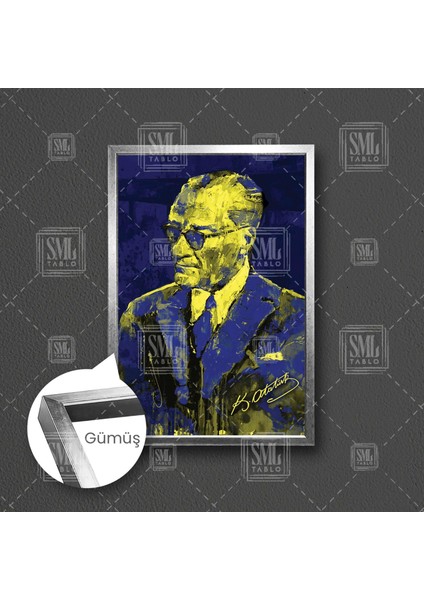 Mustafa Kemal Atatürk Imzası Fenerbahçe Sarı ve Lacivert Çerçeveli Dikey Kanvas Tablo