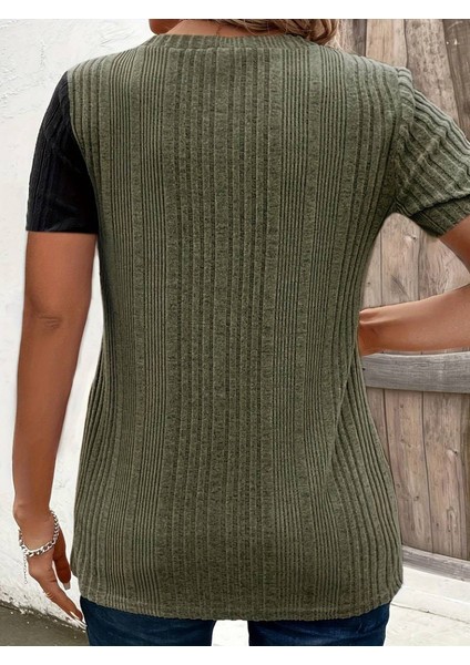 Kadın Kısa Kollu Düğme Detay Çift Renkli Triko Bluz fiyatları