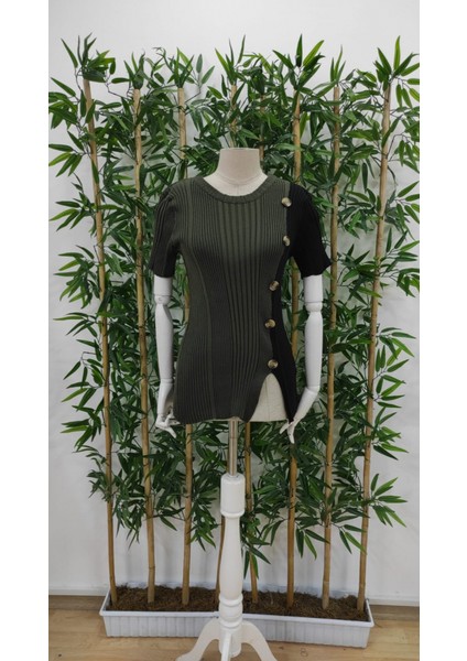 Kadın Kısa Kollu Düğme Detay Çift Renkli Triko Bluz fırsatları