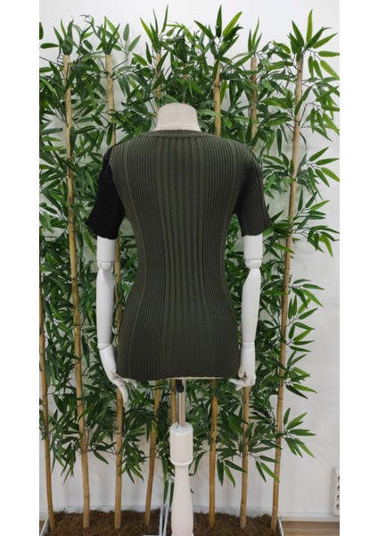 Kadın Kısa Kollu Düğme Detay Çift Renkli Triko Bluz indirimleri