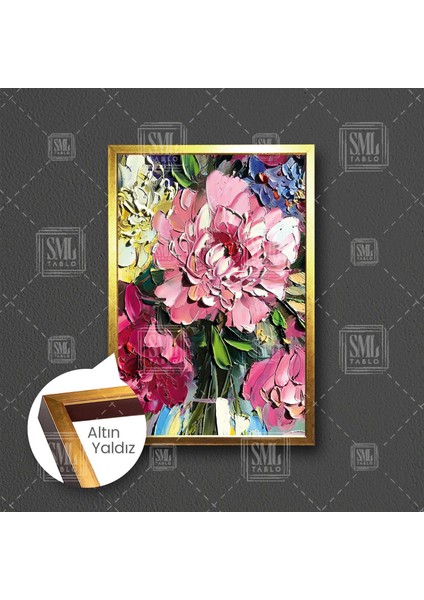 Sarı ve Pembe Krizantem Çiçek Buketi Fırça Izleri Çerçeveli Dikey Kanvas Tablo