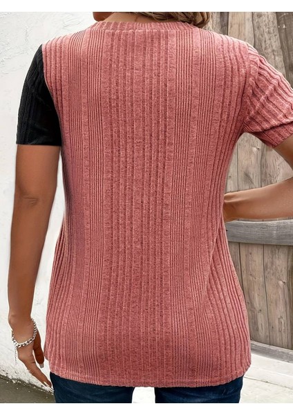 Kadın Kısa Kollu Düğme Detay Çift Renkli Triko Bluz fiyatları