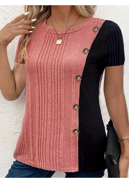 Kadın Kısa Kollu Düğme Detay Çift Renkli Triko Bluz modelleri