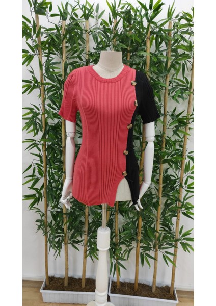 Kadın Kısa Kollu Düğme Detay Çift Renkli Triko Bluz fırsatları