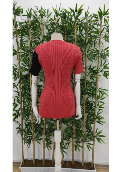 Kadın Kısa Kollu Düğme Detay Çift Renkli Triko Bluz indirimleri