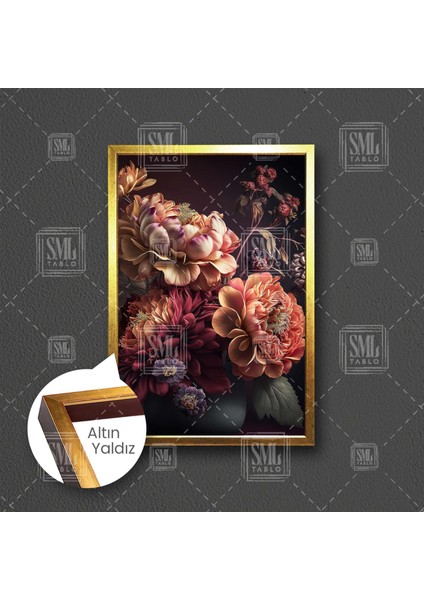 Turuncu Çiçek Demeti Ortanca Gül Dekoratif Çerçeveli Dikey Kanvas Tablo