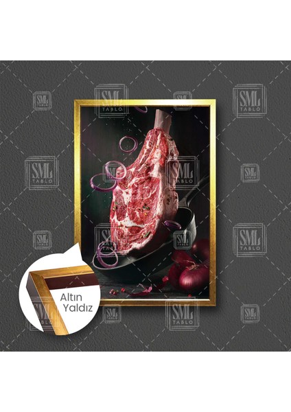 Kırmızı Et Restaurant Dekor Kasap Dükkanı Çerçeveli Dikey Kanvas Tablo