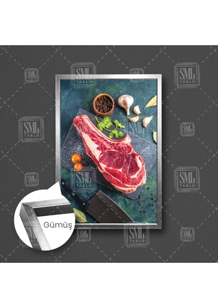 Restaurant Kasap Dükkanı Kırmızı Et Mutfak Dekoru Çerçeveli Dikey Kanvas Tablo