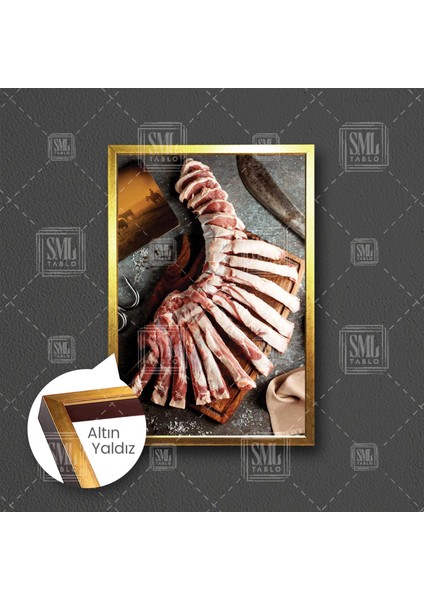 Kırmızı Et Kaburga Kasap Dükkanı Restaturant Çerçeveli Dikey Kanvas Tablo