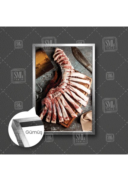 Kırmızı Et Kaburga Kasap Dükkanı Restaturant Çerçeveli Dikey Kanvas Tablo