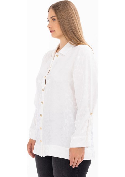 Gömlek Yaka Büyük Beden Kendinden Desenli Uzun Kollu Ekru Kadın Gömlek 10002411514008 fiyatları