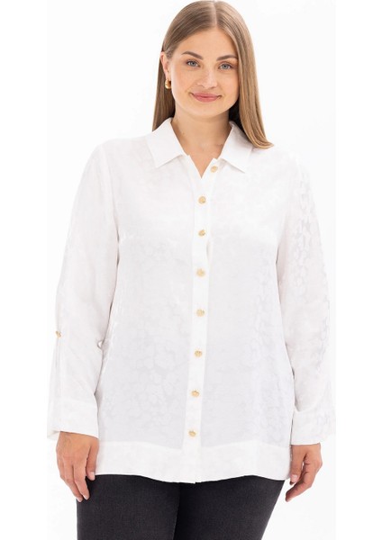 Gömlek Yaka Büyük Beden Kendinden Desenli Uzun Kollu Ekru Kadın Gömlek 10002411514008 modelleri