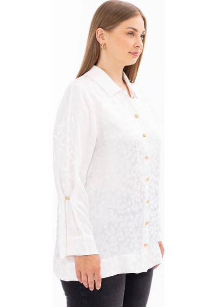 Gömlek Yaka Büyük Beden Kendinden Desenli Uzun Kollu Ekru Kadın Gömlek 10002411514008 fırsatları