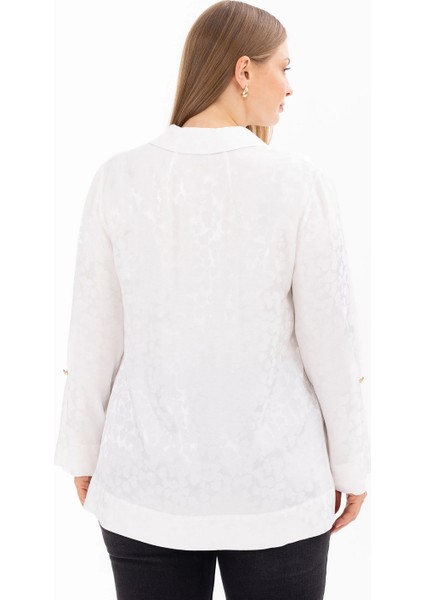 Gömlek Yaka Büyük Beden Kendinden Desenli Uzun Kollu Ekru Kadın Gömlek 10002411514008 indirimleri