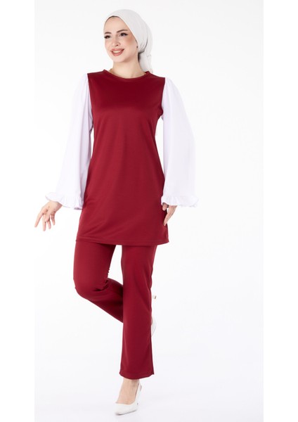 Düz Bisiklet Yaka Kadın Bordo Tunik Pantolon Ikili Takım - 13198
